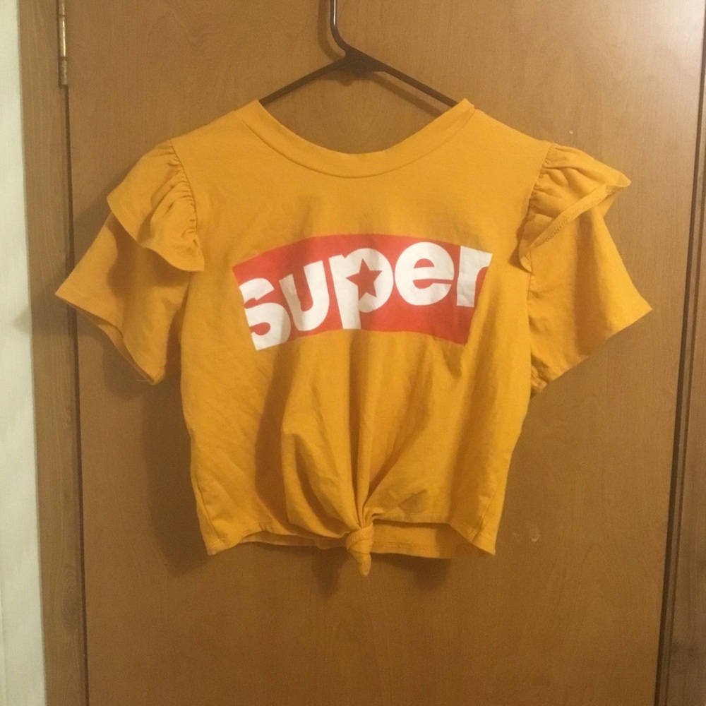 Mustard Yellow 'Super' Graphic Ruffle Sleeve Cropped Tie Front Tee Shirt L